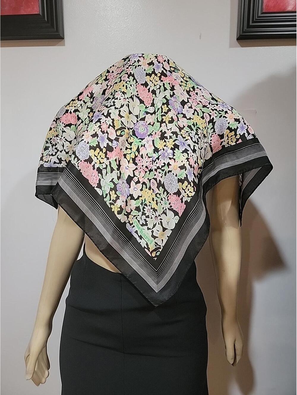 VTG Cacharel for  Silk Square Black/Multi Floral Scarf 26"